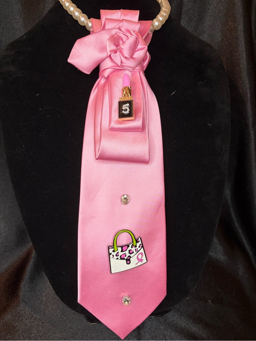Pink Satin Neck Tie Pendant with Lipstick and Handbag Charms - Women Accessories